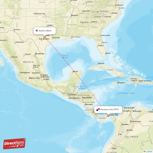 Austin - Panama City direct flight map