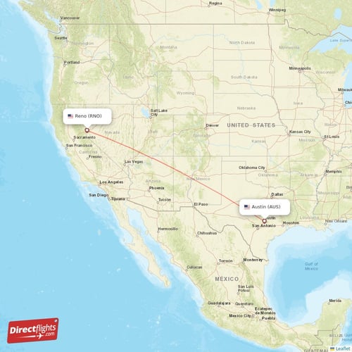 Austin - Reno direct flight map
