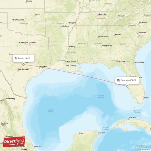 Austin - Sarasota direct flight map