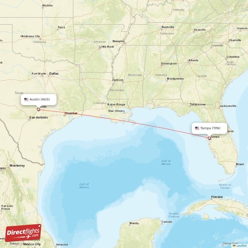 Austin - Tampa direct flight map