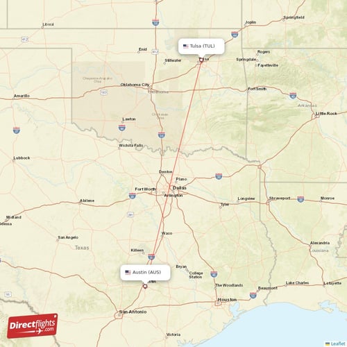 Austin - Tulsa direct flight map