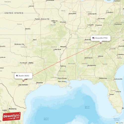 Austin - Knoxville direct flight map