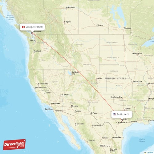Austin - Vancouver direct flight map