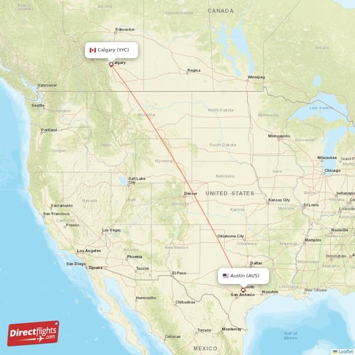 Austin - Calgary direct flight map