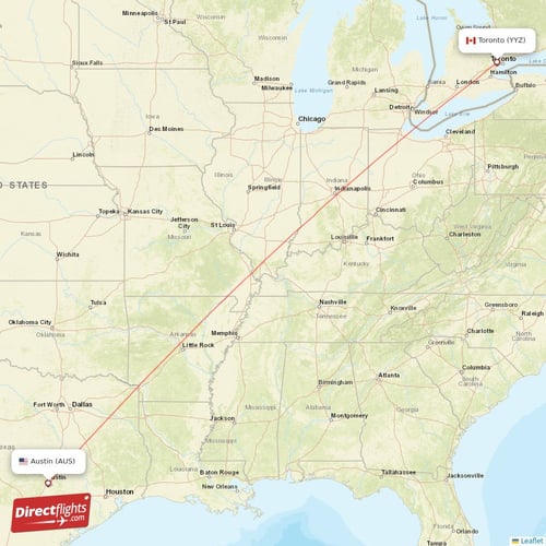 Austin - Toronto direct flight map