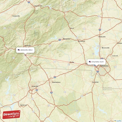 Asheville - Charlotte direct flight map