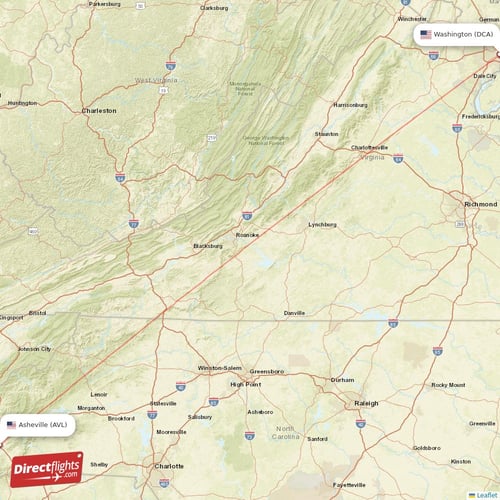 Asheville - Washington direct flight map
