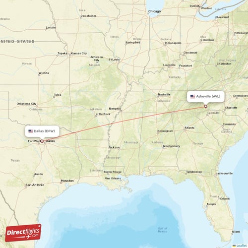 Asheville - Dallas direct flight map