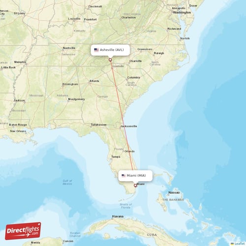 Asheville - Miami direct flight map