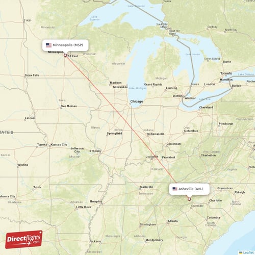 Asheville - Minneapolis direct flight map
