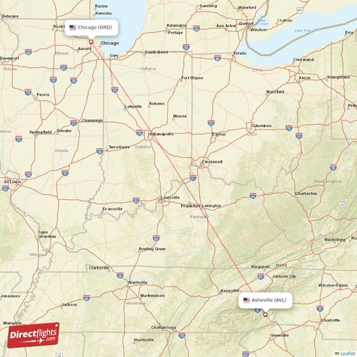 Asheville - Chicago direct flight map