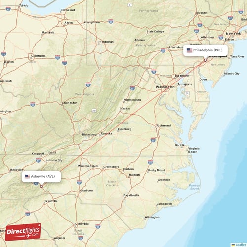 Asheville - Philadelphia direct flight map