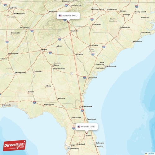 Asheville - Orlando direct flight map
