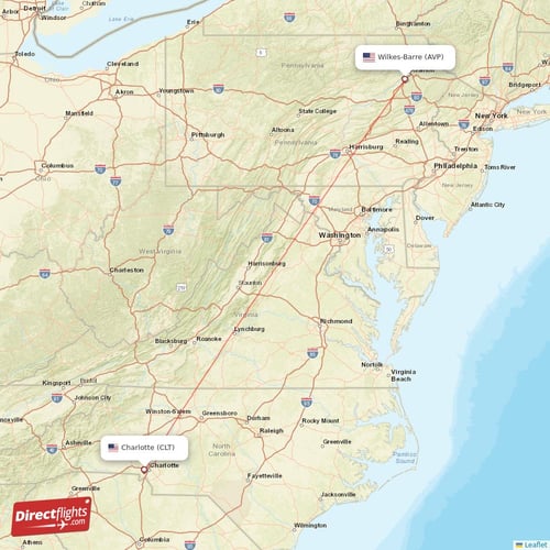 Wilkes-Barre - Charlotte direct flight map