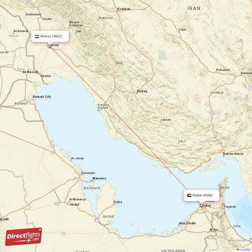 Ahwaz - Dubai direct flight map