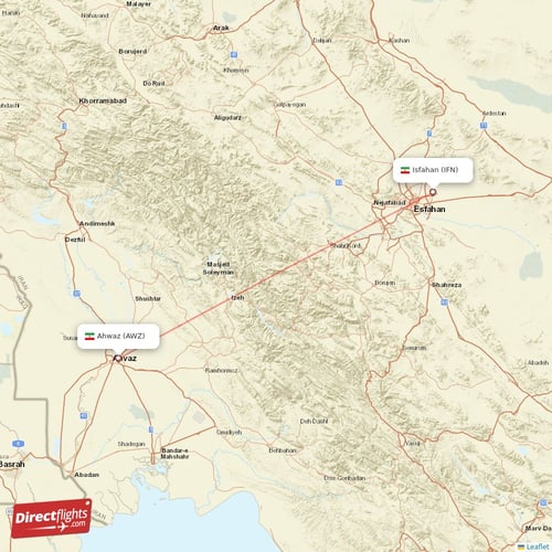 Ahwaz - Isfahan direct flight map