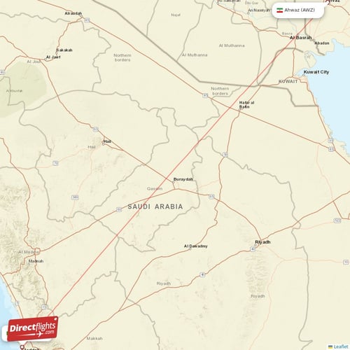 Ahwaz - Jeddah direct flight map