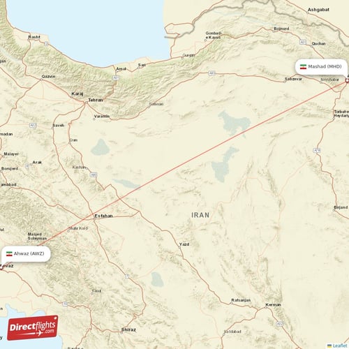 Ahwaz - Mashad direct flight map