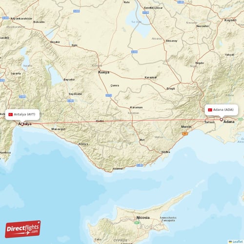 Antalya - Adana direct flight map