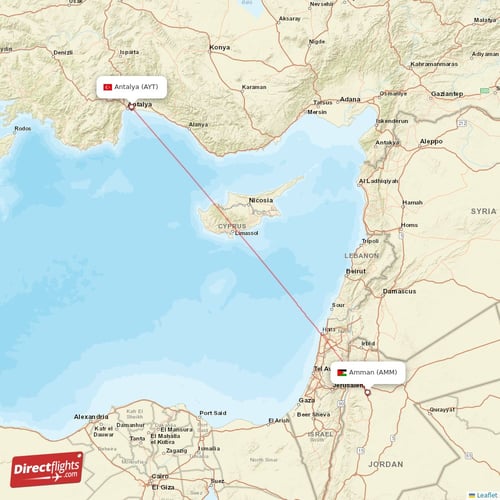 Antalya - Amman direct flight map