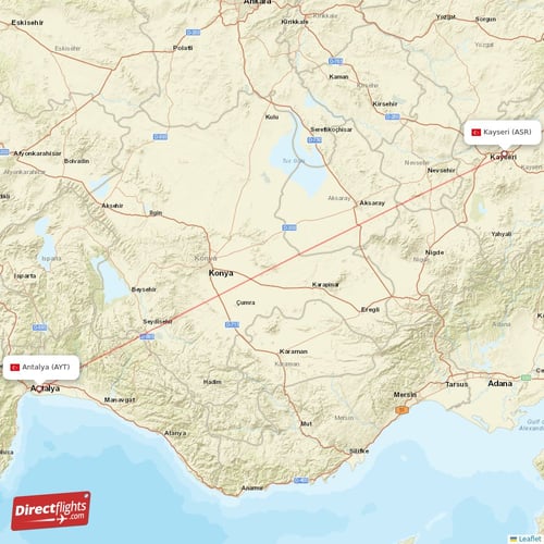 Antalya - Kayseri direct flight map