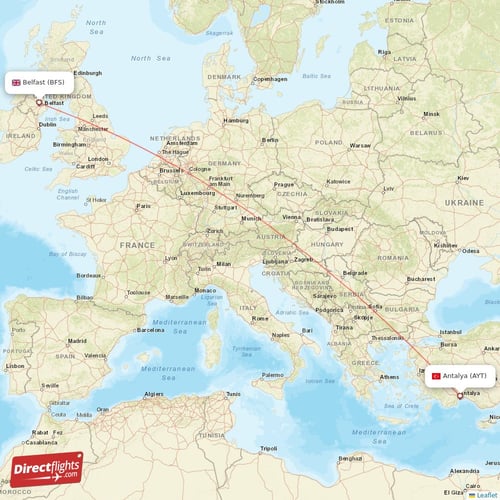 Antalya - Belfast direct flight map