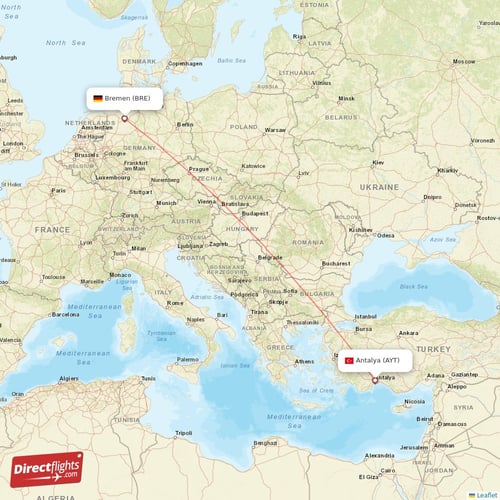 Antalya - Bremen direct flight map