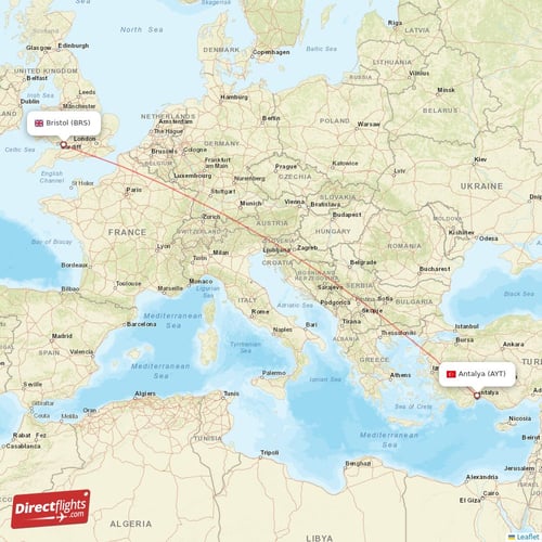 Antalya - Bristol direct flight map