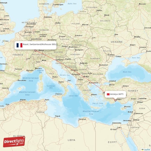 Antalya - Basel, Switzerland/Mulhouse direct flight map