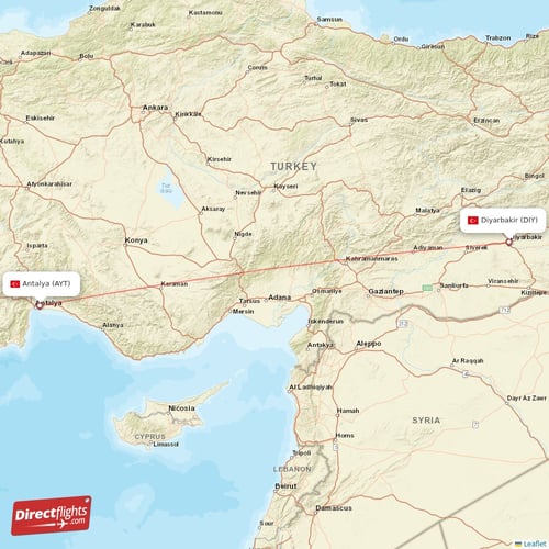 Antalya - Diyarbakir direct flight map