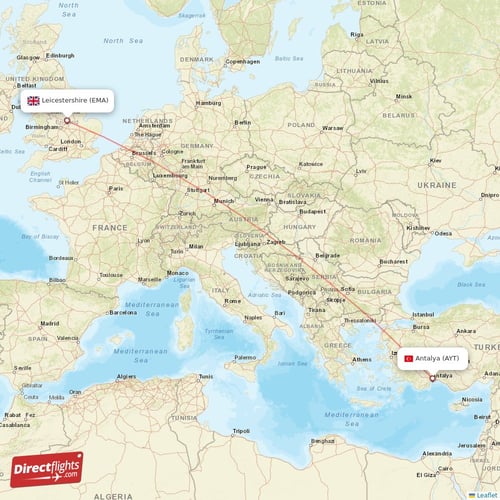 Antalya - Leicestershire direct flight map