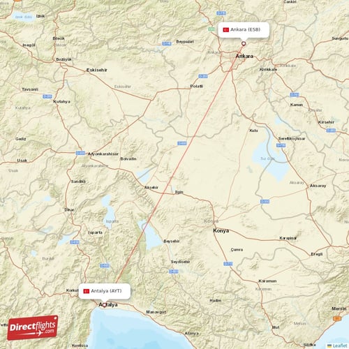 Antalya - Ankara direct flight map