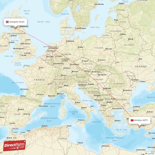 Antalya - Glasgow direct flight map