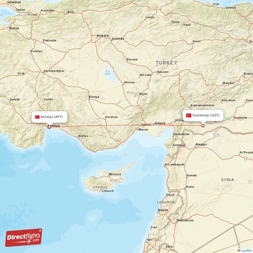 Antalya - Gaziantep direct flight map