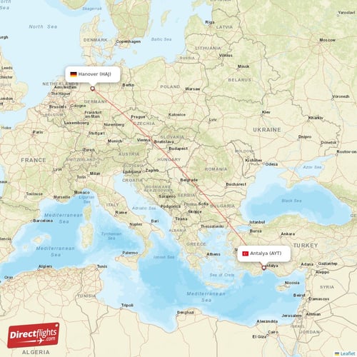 Antalya - Hanover direct flight map