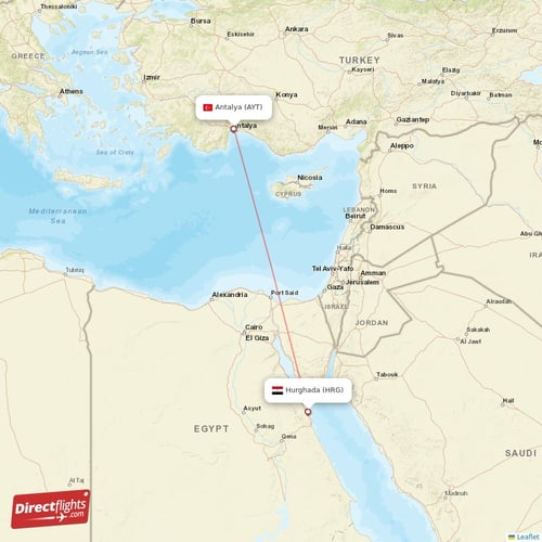 Antalya - Hurghada direct flight map