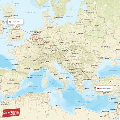 Antalya - Leeds direct flight map