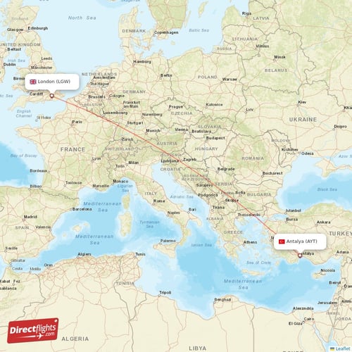 Antalya - London direct flight map