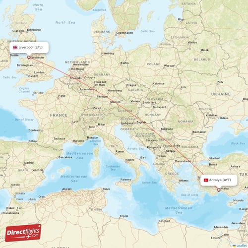 Antalya - Liverpool direct flight map
