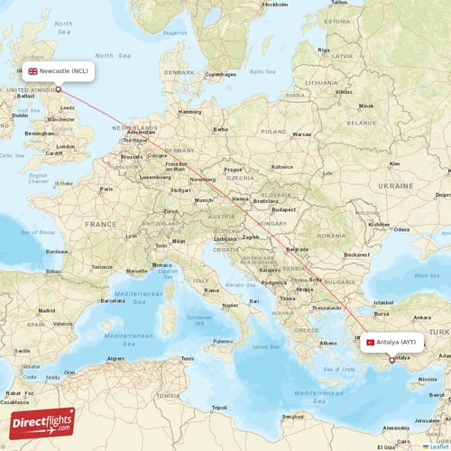 Antalya - Newcastle direct flight map