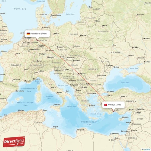 Antalya - Paderborn direct flight map