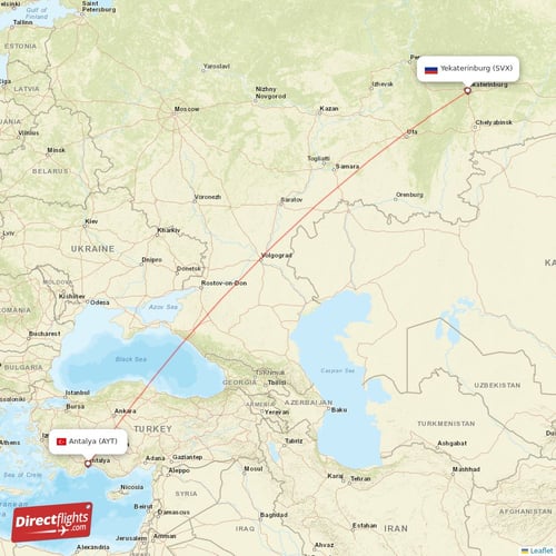 Antalya - Yekaterinburg direct flight map