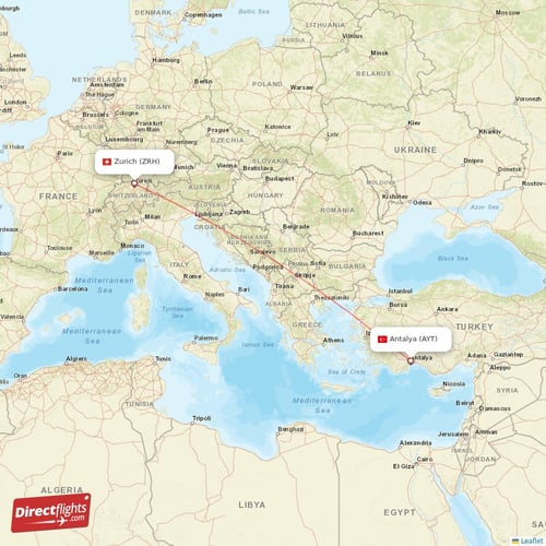 Antalya - Zurich direct flight map