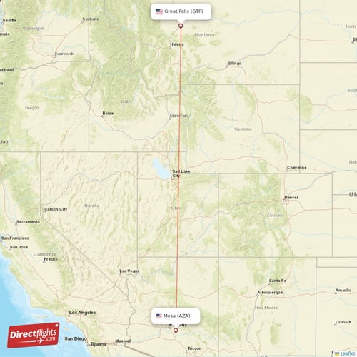 Mesa - Great Falls direct flight map