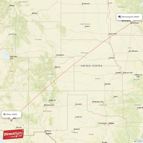 Mesa - Minneapolis direct flight map