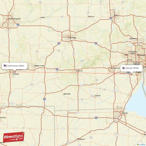 Kalamazoo - Detroit direct flight map