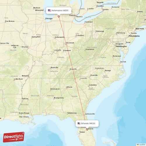 Kalamazoo - Orlando direct flight map