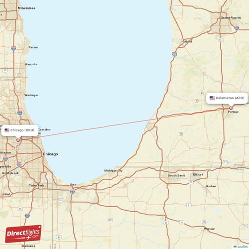 Kalamazoo - Chicago direct flight map