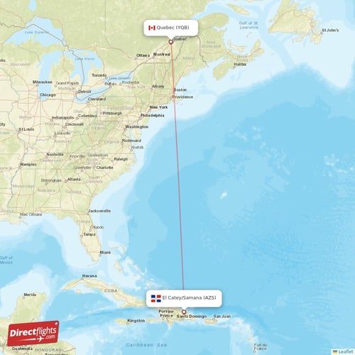 El Catey/Samana - Quebec direct flight map
