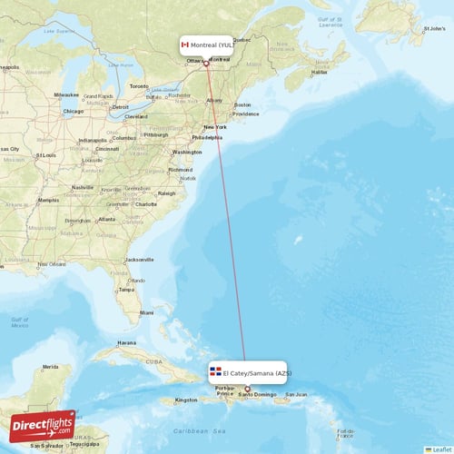 El Catey/Samana - Montreal direct flight map
